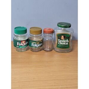Vintage Coffee Jar Lot Folgers Tasters Choice Sanka Glass Jars with Lids 4pc